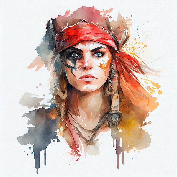 Aquarel Piratenvrouw #3 van Chromatic Fusion Studio