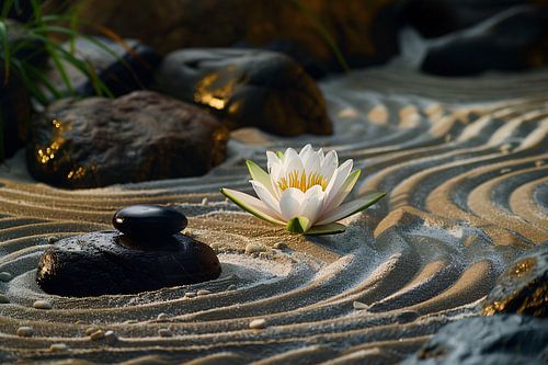 Zen-tuin met waterlelie en geharkt zand
