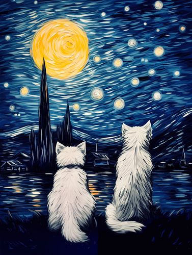 Twee witte katten in een sterrennacht