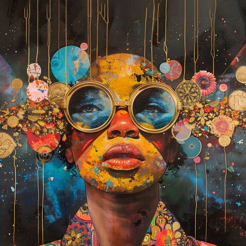 Donker retro portret met geel gezicht en grafische elementen