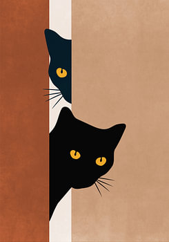 Deux chatons noirs curieux regardent au coin de la rue. Style bohème.