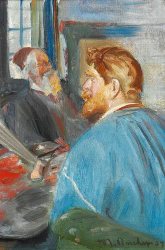 Michael Ancher - Krøyer zittend voor zijn schildersezel met het portret van Drachmann. Studie, 1907