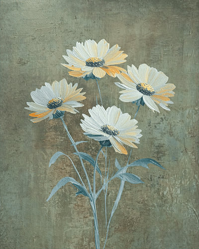 Des fleurs élégantes blanches et jaunes sur un fond bleu clair.