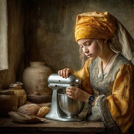 Melkmeisje met Keukenrobot - Elegant Schilderij van Peter Pen tekeningen en schilderijen