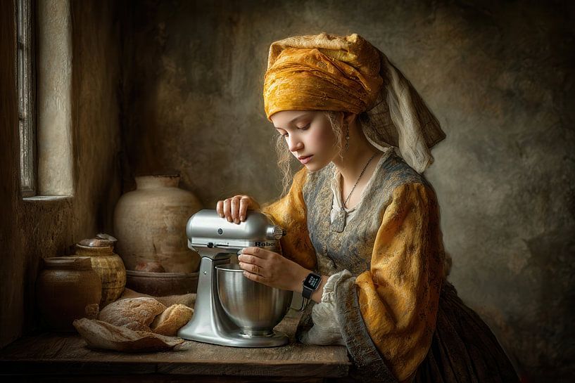 Melkmeisje met Keukenrobot - Elegant Schilderij van Peter Pen tekeningen en schilderijen