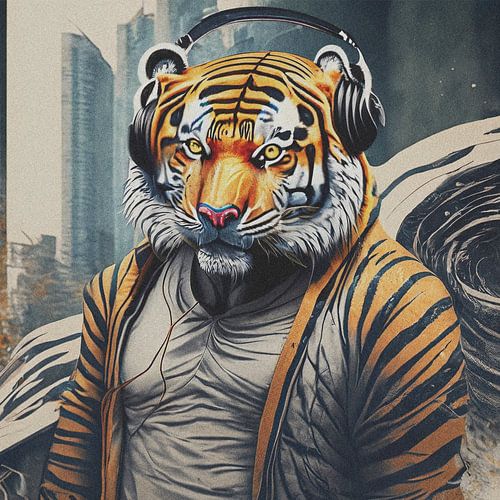 Portrait de tigre numérique avec écouteurs sur Pim Haring