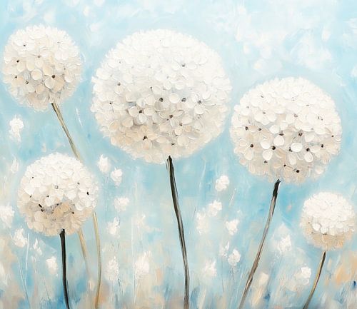 Blue, whimsical dandelion flower meadow by Floral Abstractions