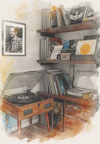 Ecke mit Vintage-Plattenspieler und Vinylsammlung