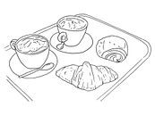 Koffie en croissants (line art lijntekening cappuccino keuken koffie ontbijt broodjes koffietijd) van Natalie Bruns thumbnail