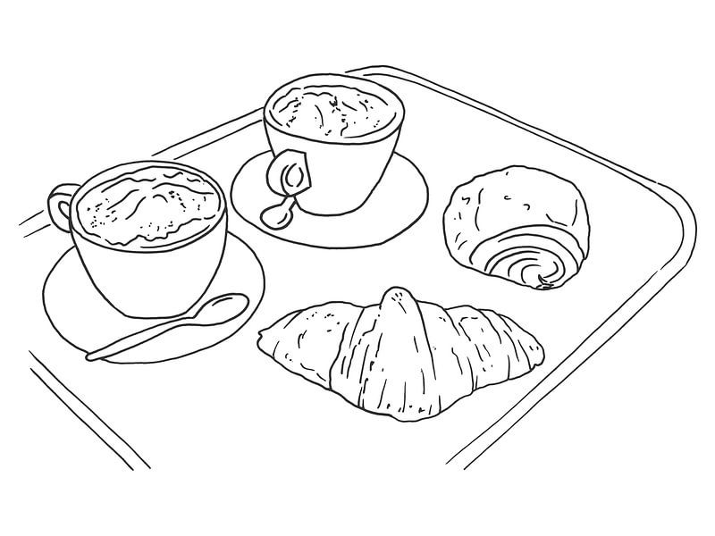 Koffie en croissants (line art lijntekening cappuccino keuken koffie ontbijt broodjes koffietijd) van Natalie Bruns