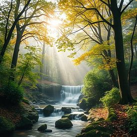 a bubbling waterfall flowing through the forest. by J.a Dijkstra