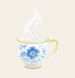 Blaue Porzellan-Teetasse – Sockel aus antikem Leinen von Piret Victoria Ribas Art & Photography