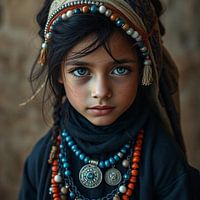 een berber meisje met blauwe ogen en traditionele kleding.
