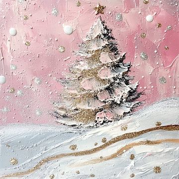 Kerstboom in Pastel – Magische Feestdagen in Roze en Goud van Mel Digital Art