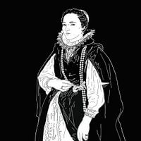 Portret van een onbekende  edelvrouw in zwarte mantel en  koraalkralen