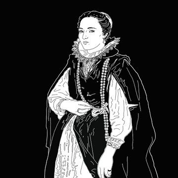 Porträt einer unbekannten Edelfrau in schwarzem Mantel und Korallenperlen.