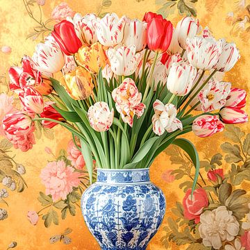 Gelbe rot getupfte Tulpen in Delts blauer Vase von Vlindertuin Art
