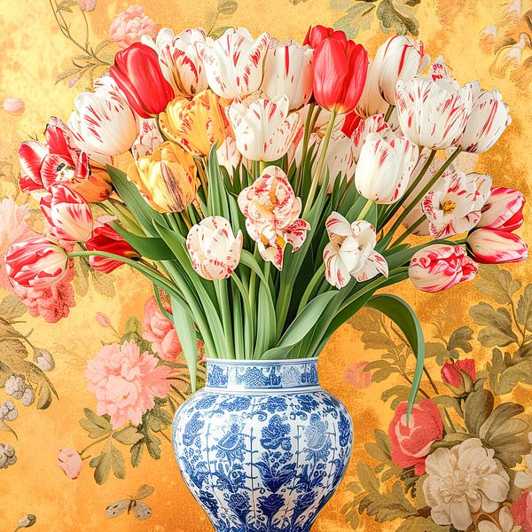 Geel rood gevlekte tulpen in Delts blauwe vaas  van Vlindertuin-Art