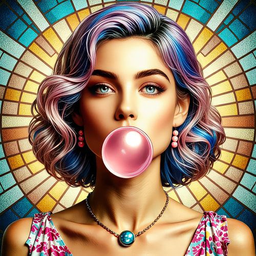 Femme avec une bulle de chewing-gum rose dans la bouche sur Digital Art Nederland