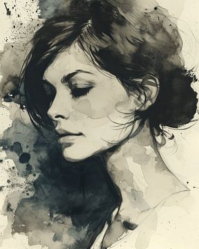 Portrait moderne d'une femme à l'encre et à l'aquarelle. sur Carla Van Iersel