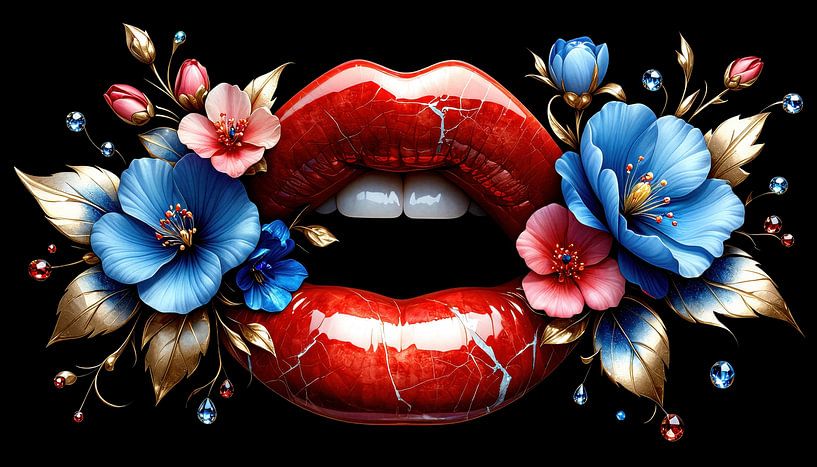 La beauté séduisante d'une femme - Des lèvres rouges brillantes aux craquelures argentées, encadrées de fleurs d'hibiscus épanouies et de pierres précieuses étincelantes sur un fond noir profond par AidasignArt