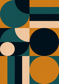 Retro 70s living. Abstract geometric art in teal, black, ochre, white.