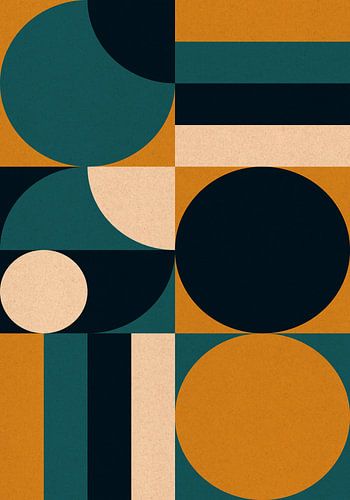 Retro jaren 70 wonen. Abstracte geometrische kunst in groenblauw, zwart, oker, wit.