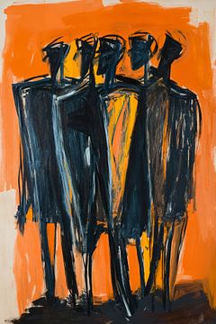 Dunkle Menschen | Dunkle Figuren auf orangefarbenem Hintergrund von Kunst Laune