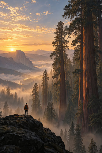 Sequoias in the mist – a walker by the rock