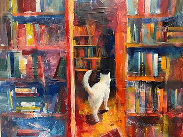Witte kat in de bibliotheek - zwervend tussen de boekenplanken van herculeng