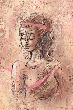 Portret jonge vrouw in roze bruin rood - onderdeel van serie van 3 van Emiel de Lange