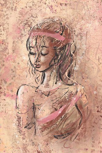 Portret jonge vrouw in roze bruin rood - onderdeel van serie van 3