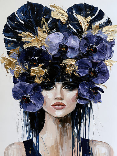 Indigo Imperial – Modern Abstract Portrait of a Woman with a Midnight Blue Floral Crown and Gold Leaves