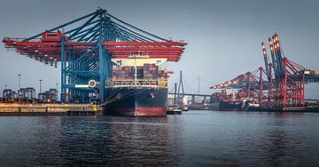 Panorama van een containerterminal in de haven van Hamburg met containerschepen van Jonas Weinitschke