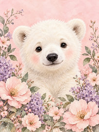 Aquarell: Eisbär inmitten pastellfarbener Blumen von Thomas burnet