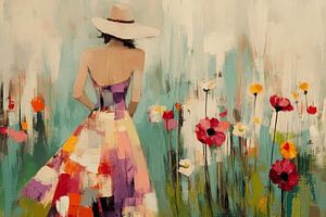 Sommerspaziergang, Sommerblumenfeld mit junger Frau