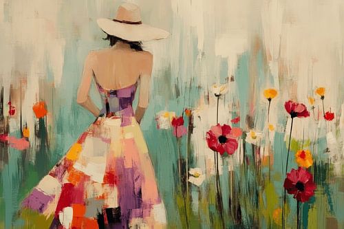 Promenade estivale, champ de fleurs en été avec une jeune femme sur Studio Allee