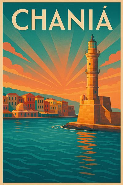 Chaniá Art Deco Poster – Lighthouse Over the Venetian Harbor by Travel Shop
