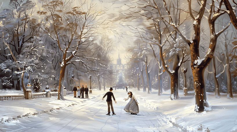 Verschneiter Park mit Schlittschuhpaar und Weihnachtsbaum (KI) von Classic PrintArt