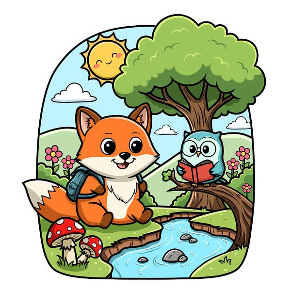 Niedlicher Fuchs und Eule Leseabenteuer von Ezhar Art