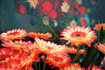 Gerbera's tegen achtergrond kopie schilderij van Vincent van Gogh van Albert van Dijk