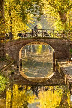 Cyclist over the Magdalena Bridge in the fall. by zeilstrafotografie.nl
