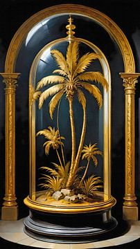 Glass bell jar with golden palms under a golden gateway by Maud De Vries