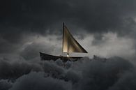 Abandoned sailboat floats in grey sea of clouds by Besa Art thumbnail