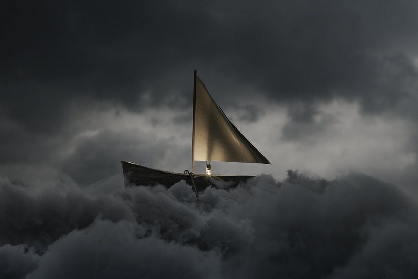 Abandoned sailboat floats in grey sea of clouds by Besa Art