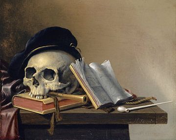 Nature morte avec crâne, livres, flûte et pipe, Harmen Steenwyck