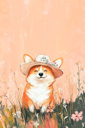 Corgi met zomerhoed en bloemen