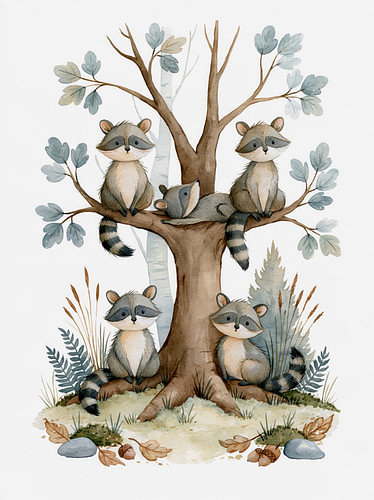 Five little raccoons by the forest tree – Woodland Friends amongst the branches