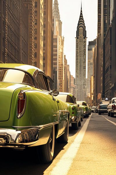 Green taxis in the city by Poster Art Shop