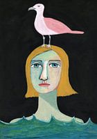 Minnaar van de zee, vogeldame, zwemmer, zwemmen, wild zwemmen, oceaan, zee, zeemeeuw, vogel, naïeve kunst, moderne kunst